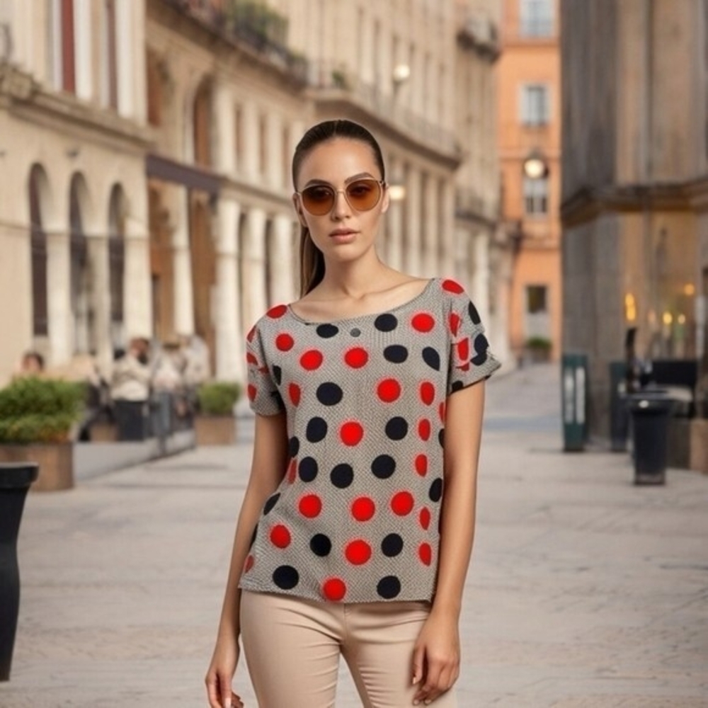 MYNE Ashley Ann Red Black Polka Dot Silk Ruffle Blouse Womenโs Top Size 6 VG